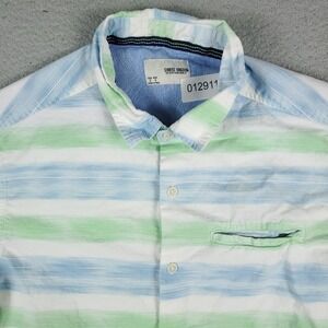 Sunrise Kingdom White Blue Green Striped Mens Short Sleeve Button Up Shirt Small